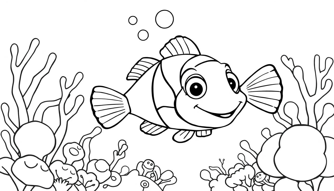 Eine Schwarz-Weiß-Farbtafel eines lächelnden Clownfisches, der im Meer zwischen Korallen schwimmt.