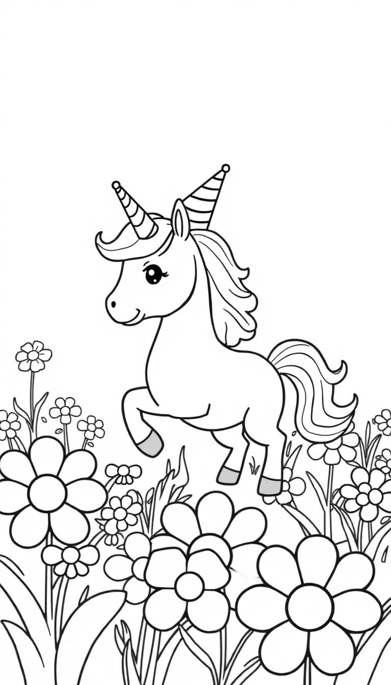 Einhorn mit Partyhut in Blumenwiese