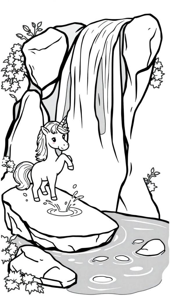 Einweißes Einhorn trinkt aus einem kleinen Wasserloch unter einem großen Wasserfall.