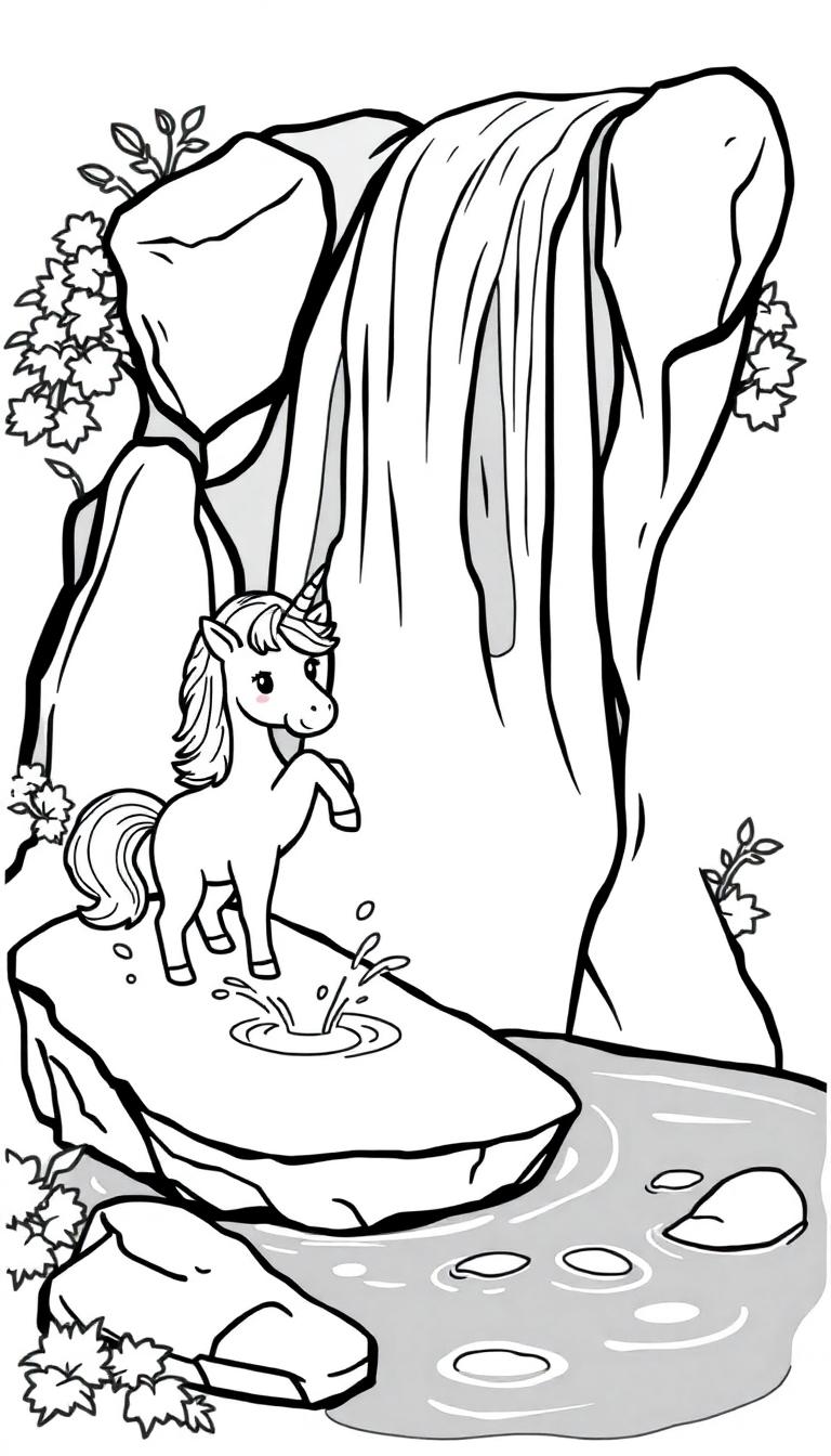 Einweißes Einhorn trinkt aus einem kleinen Wasserloch unter einem großen Wasserfall.