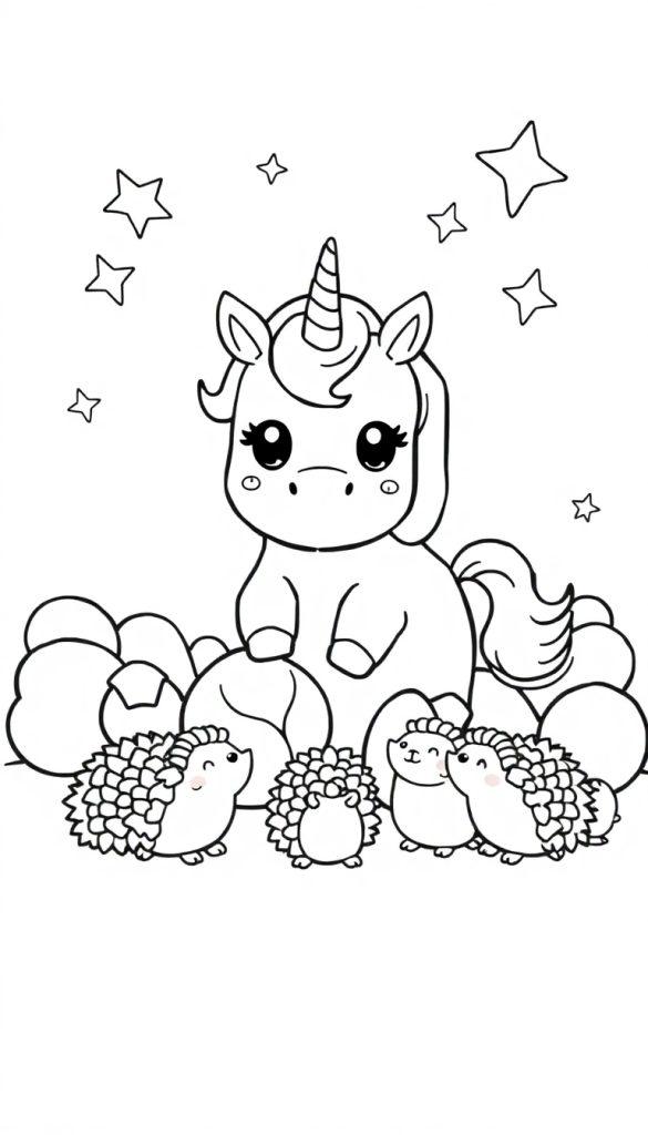 Ein Einhorn mit einer schillernden Mähne und einem spiralförmigen Horn sitzt auf einer Blasenwolke, umgeben von Sternen, während kleine Igel es bewundern.
