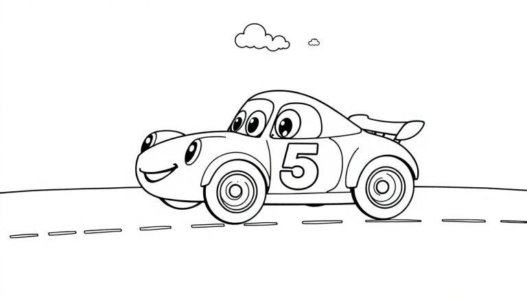 Ein fröhliches Cartoon-Rennauto mit der Startnummer 5, bereit zum Ausmalen und mit einer Ziellinie, Farbtafel-Design.
