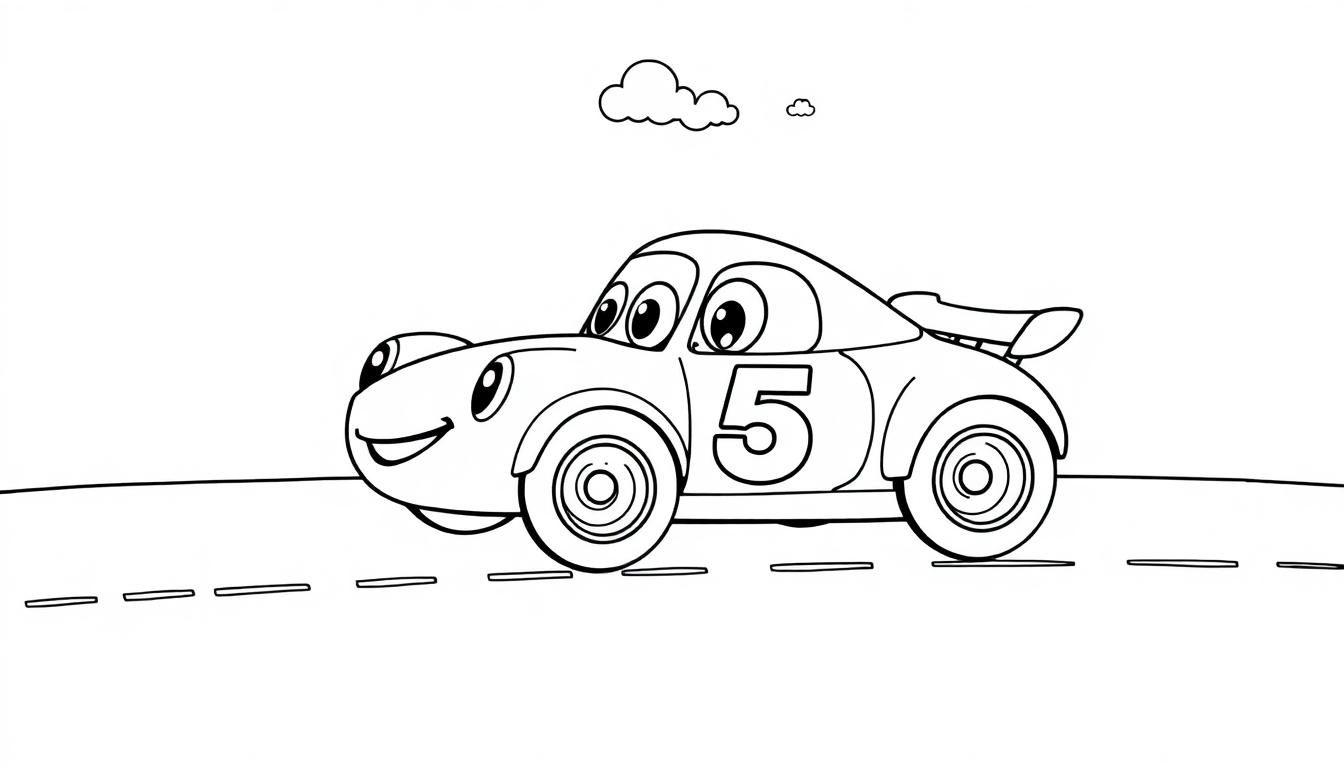 Ein fröhliches Cartoon-Rennauto mit der Startnummer 5, bereit zum Ausmalen und mit einer Ziellinie, Farbtafel-Design.