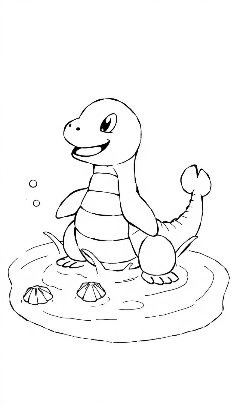 Ein niedliches, Nessie-ähnliches Cartoon-Monster mit einem grossen Lächeln in einer Pfütze.