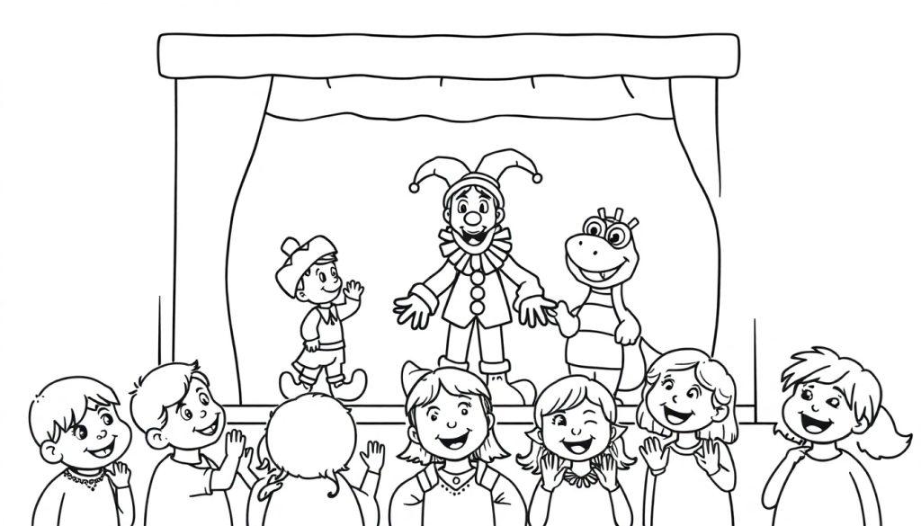 Schwarz-weiße Farbtafel eines Kinder-Puppentheaters mit lachenden Kindern und Puppen auf der Bühne.