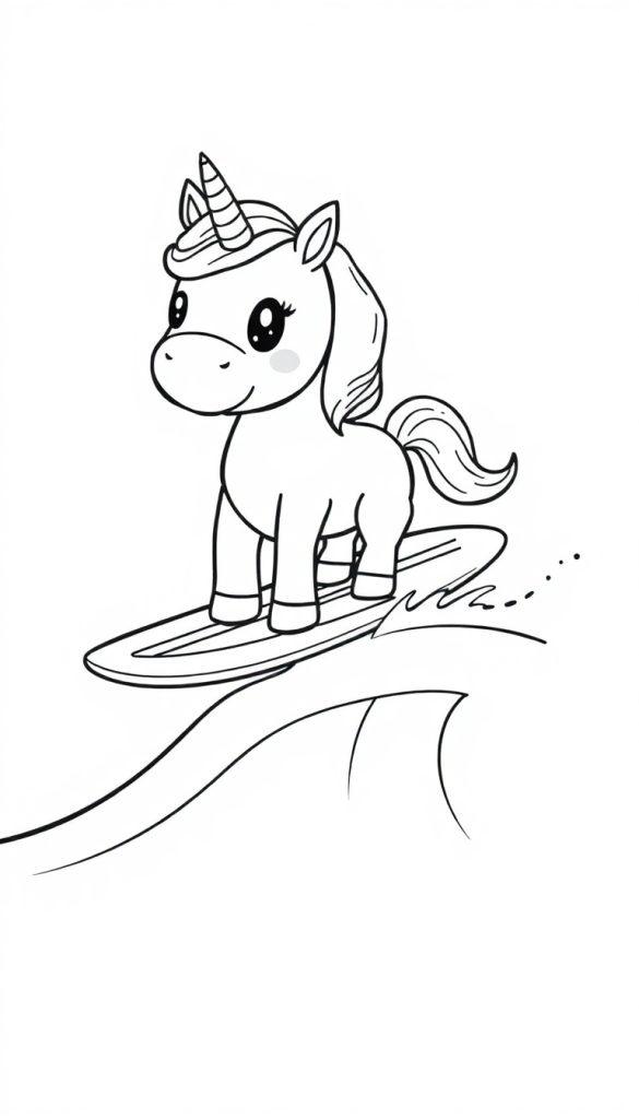 Schwarz-weiß-Cartoon eines niedlichen Einhorns mit großen Augen, das auf einem Surfbrett auf einer Welle reitet.