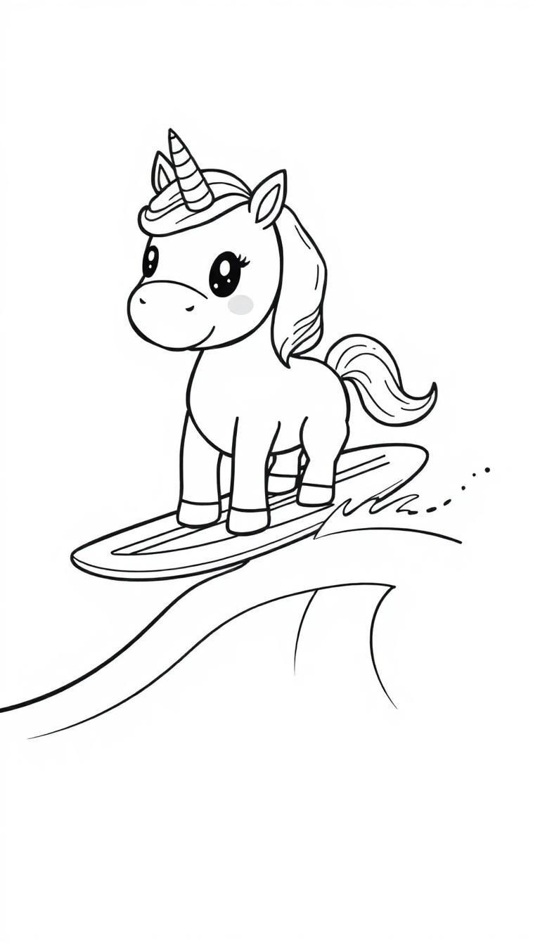 Schwarz-weiß-Cartoon eines niedlichen Einhorns mit großen Augen, das auf einem Surfbrett auf einer Welle reitet.