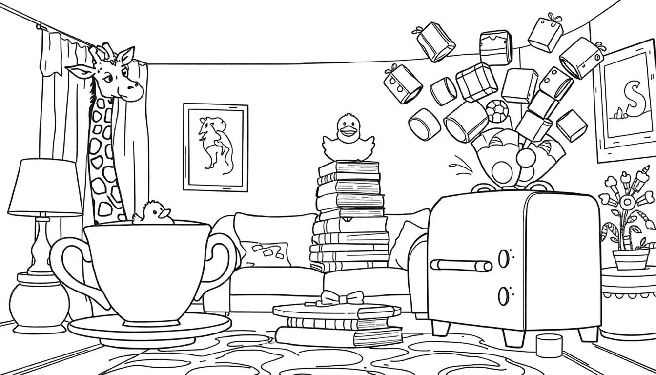 Ein verspieltes Wohnzimmer mit einer Giraffe, die aus einer Teetasse lugt, einem Sofa mit Enten und Geschenken aus einem Toaster.