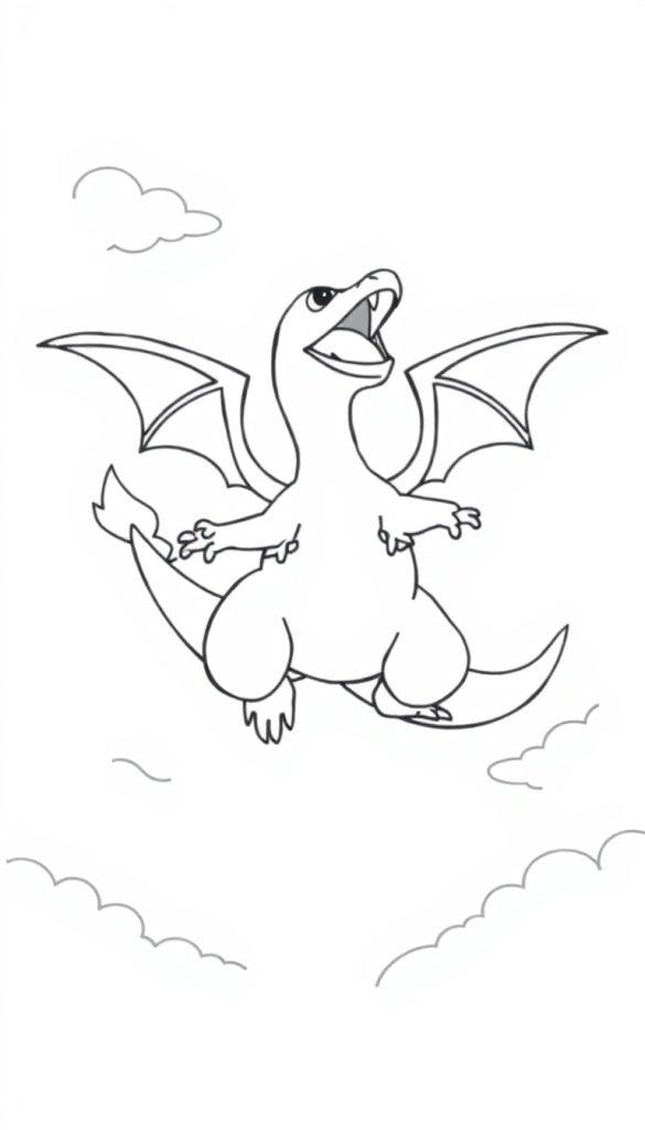 Zeichnung eines comicartigen Drachen, der fliegt