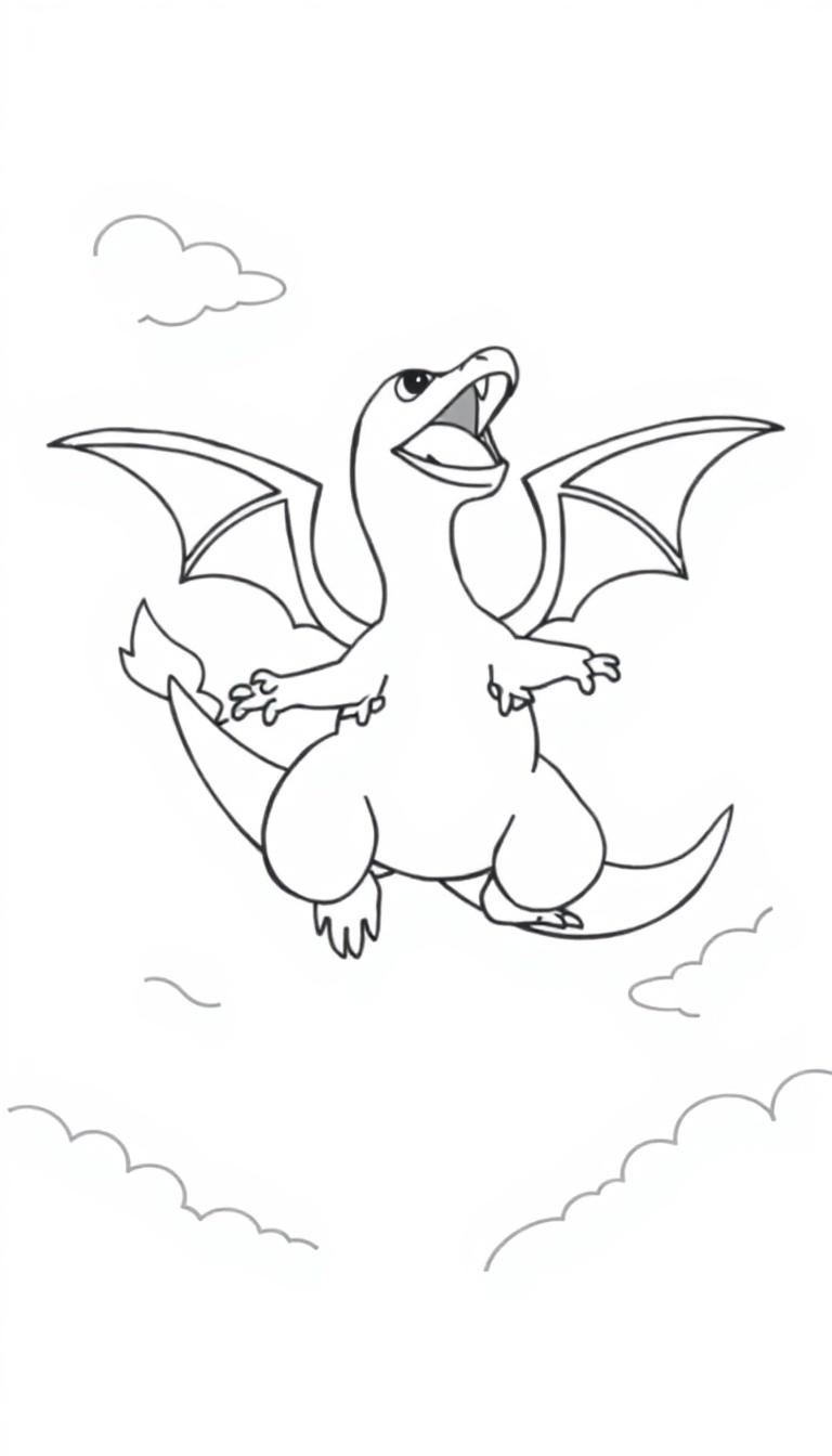Zeichnung eines comicartigen Drachen, der fliegt