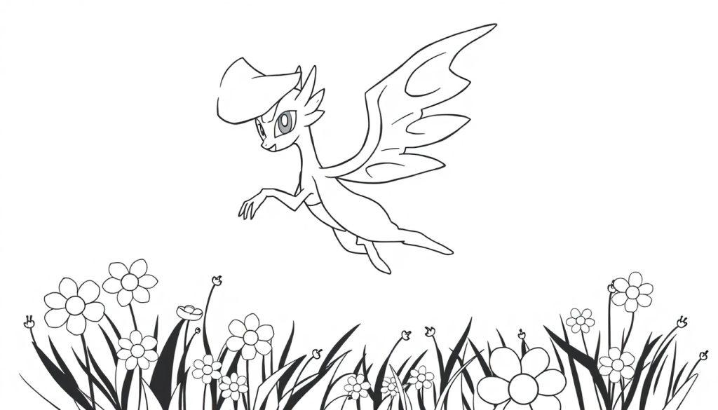 Ein Cartoon-Drache mit Hut fliegt über Blumen.