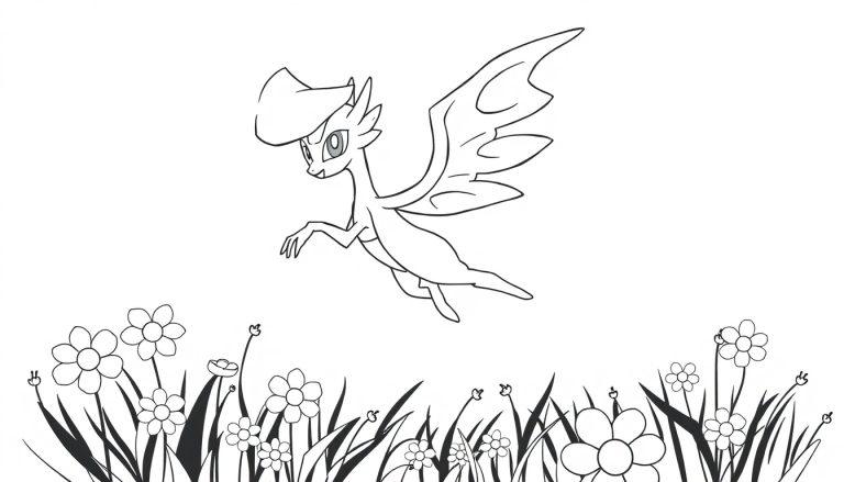 Ein Cartoon-Drache mit Hut fliegt über Blumen.