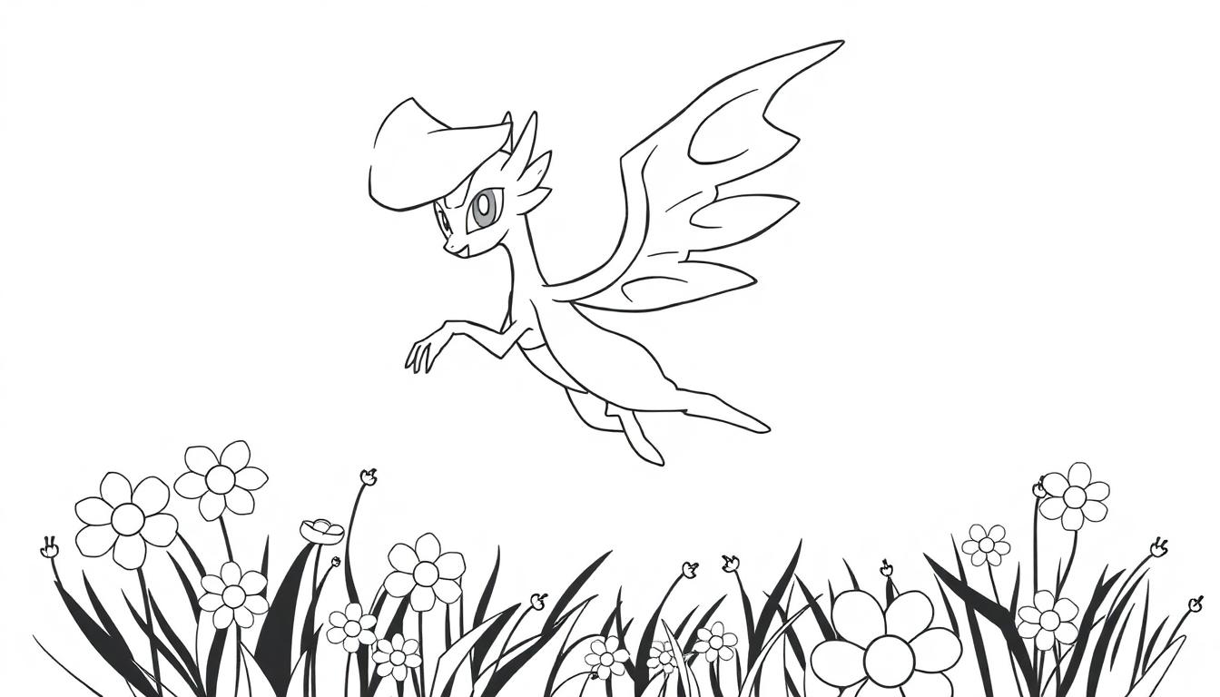 Ein Cartoon-Drache mit Hut fliegt über Blumen.