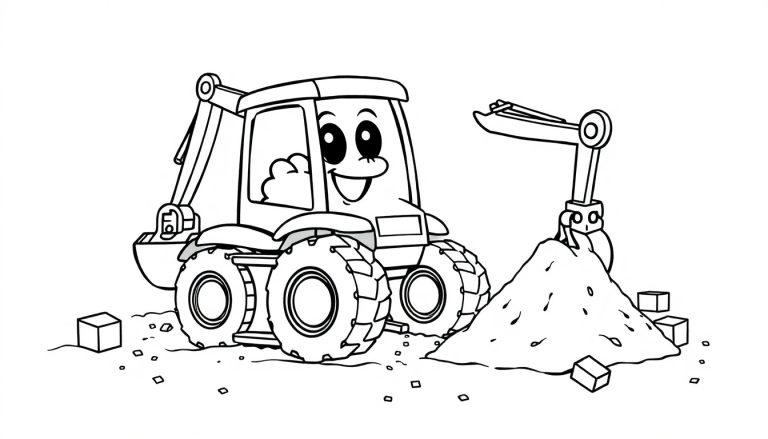 Eine Schwarz-Weiß-Farbtafel-Zeichnung eines freundlichen Cartoon-Baggers mit großen Augen und einem breiten Lächeln, der im Sand spielt.