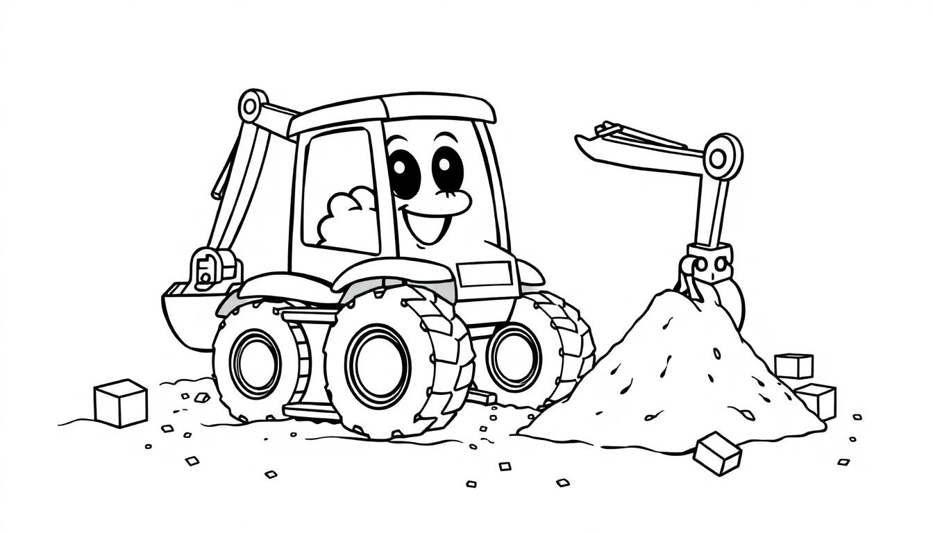 Eine Schwarz-Weiß-Farbtafel-Zeichnung eines freundlichen Cartoon-Baggers mit großen Augen und einem breiten Lächeln, der im Sand spielt.