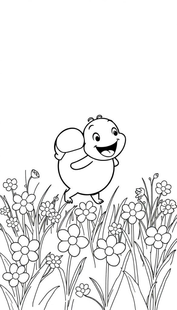 Ein freundlicher, runder Hamster-Charakter mit einem breiten Lächeln und einem kleinen Rucksack auf dem Rücken, der in einem Blumenfeld steht.