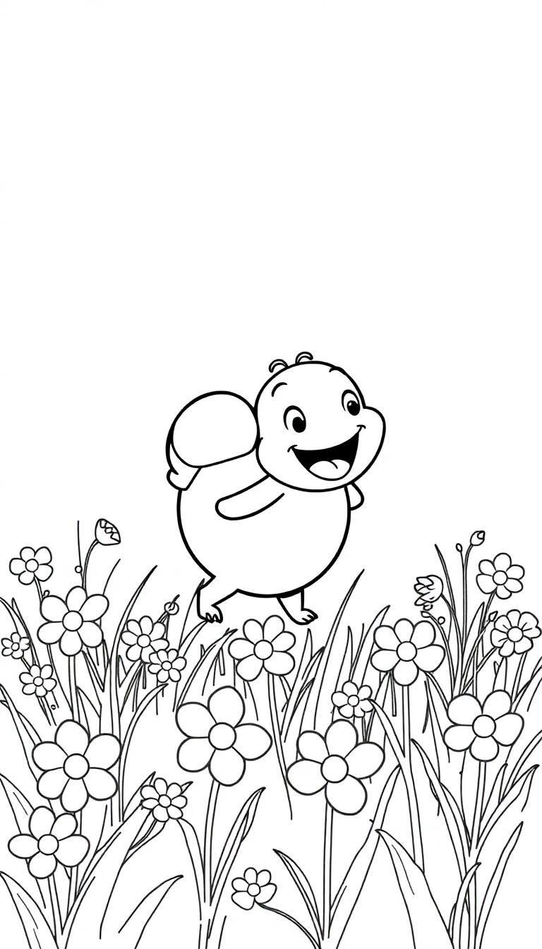 Ein freundlicher, runder Hamster-Charakter mit einem breiten Lächeln und einem kleinen Rucksack auf dem Rücken, der in einem Blumenfeld steht.