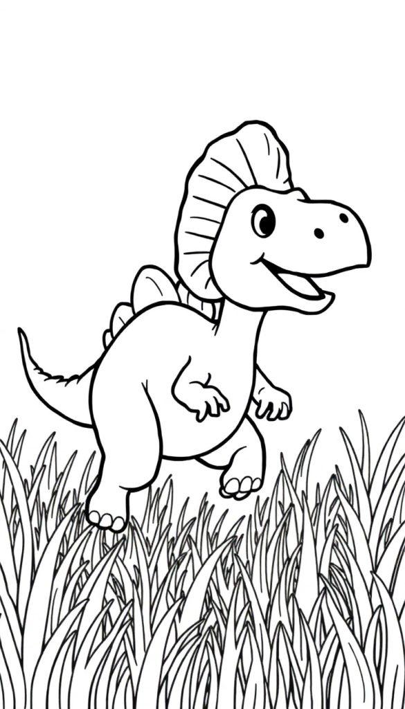 Schwarz-Weiß-Zeichnung eines niedlichen, cartoonhaften Dinosauriers mit einem Kamm auf dem Rücken, der auf einer Wiese steht.