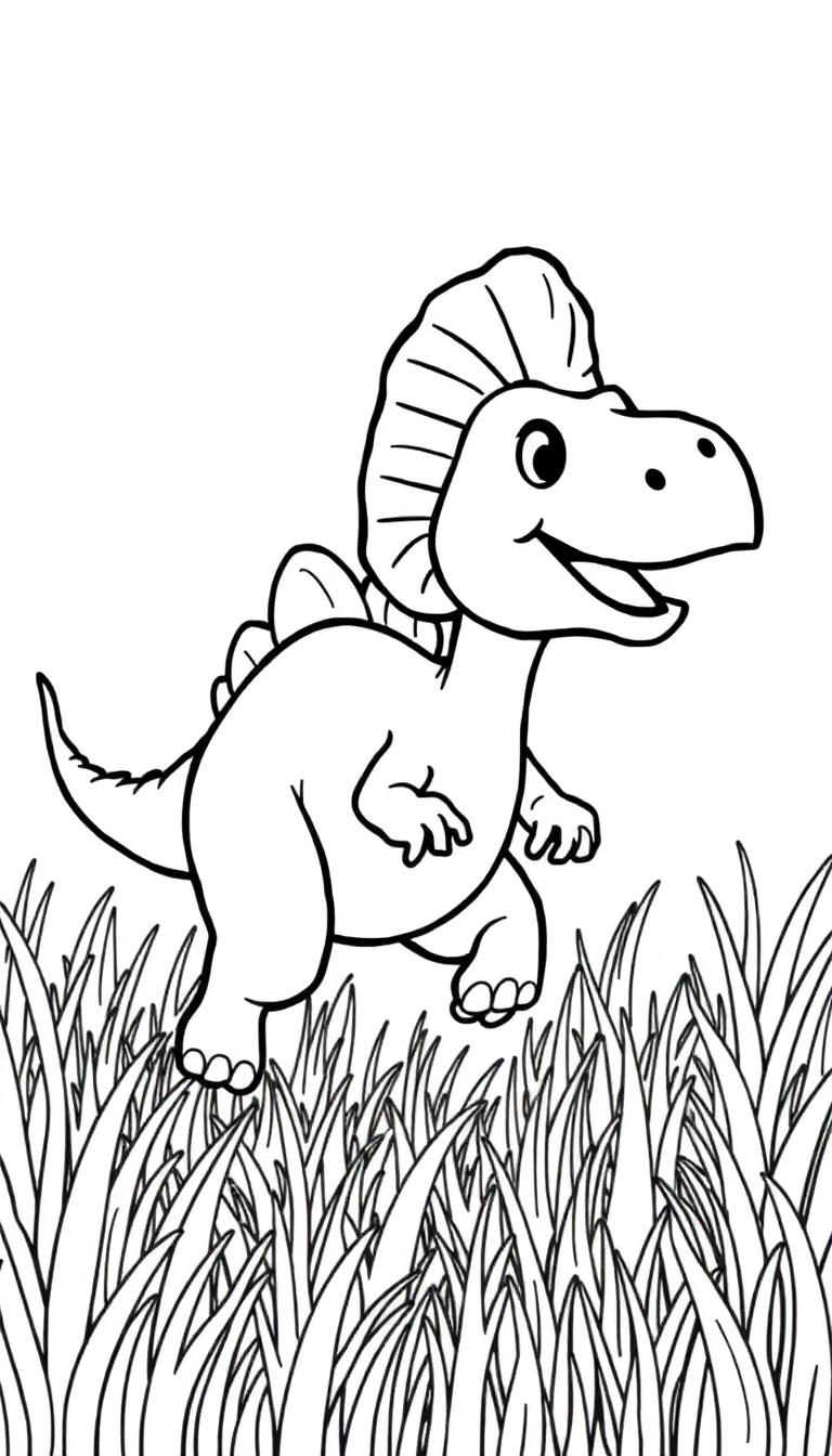 Schwarz-Weiß-Zeichnung eines niedlichen, cartoonhaften Dinosauriers mit einem Kamm auf dem Rücken, der auf einer Wiese steht.