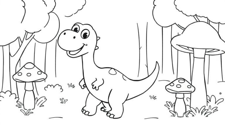 Ein freundlicher Dinosaurier spaziert durch einen Wald, perfekt für eine Schwarz-Weiß-Farbtafel.