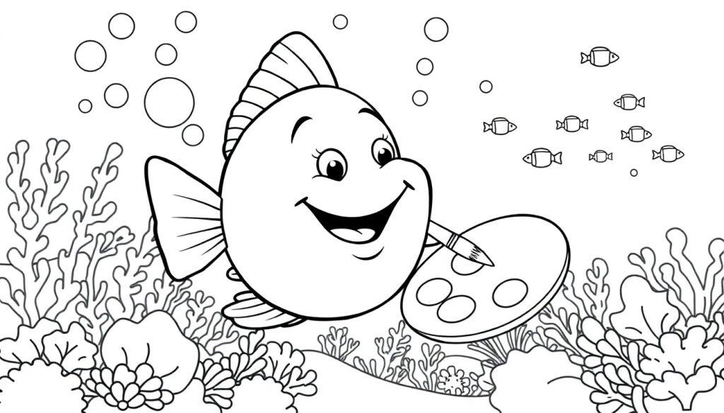 Ein lächelnder Fisch malt ein buntes Unterwasserbild mit einer Farbtafel.