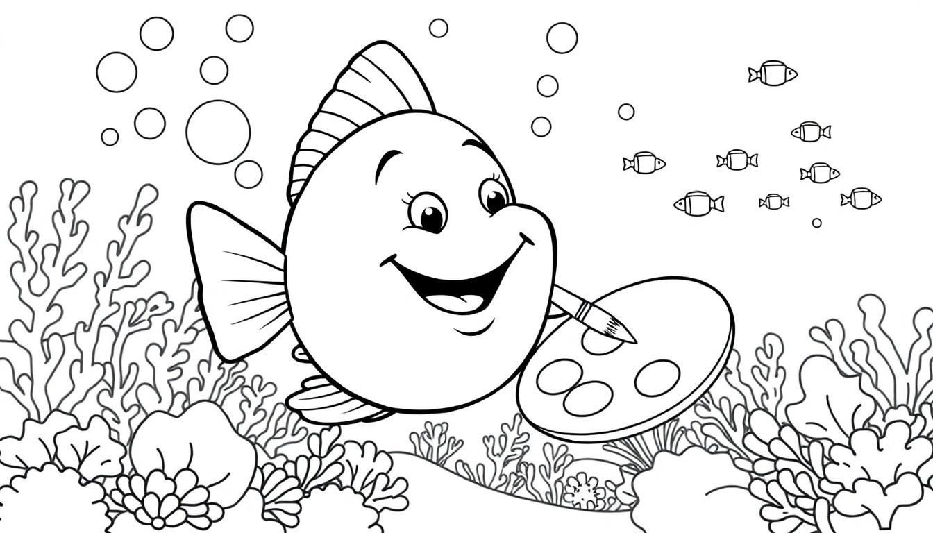 Ein lächelnder Fisch malt ein buntes Unterwasserbild mit einer Farbtafel.