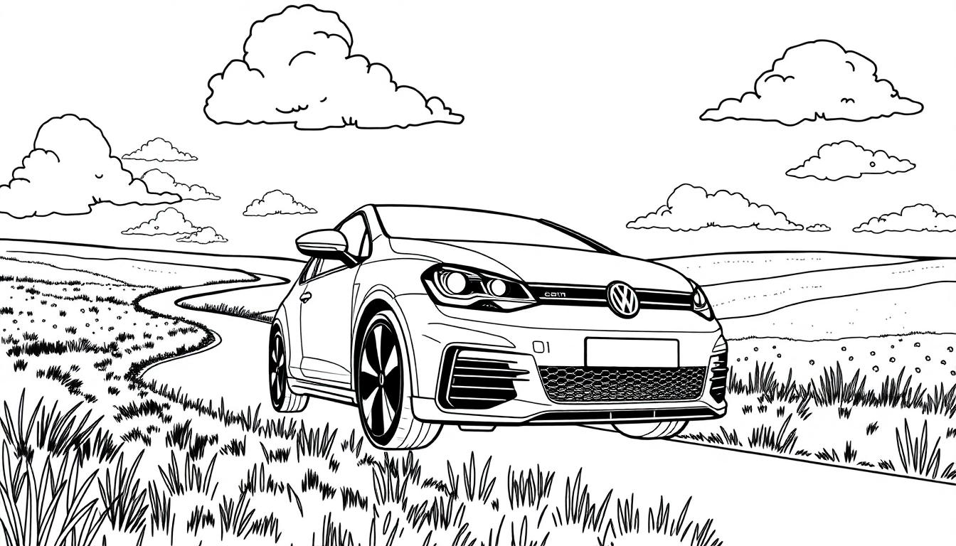 Schwarz-Weiß-Zeichnung eines VW Golf GTI auf einer kurvenreichen Landstraße, der durch eine hügelige Landschaft mit Gräsern und Feldern fährt, mit Wolken im Hintergrund.