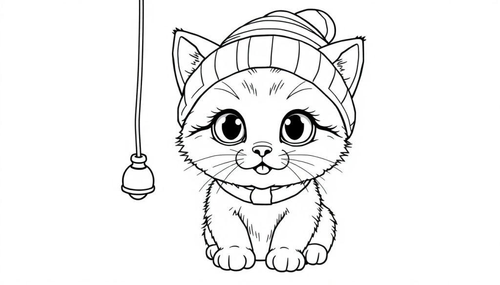 Eine schwarz-weiße Cartoon-Katze mit einem Hut und großen Augen.