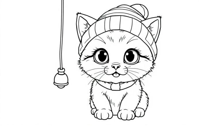 Eine schwarz-weiße Cartoon-Katze mit einem Hut und großen Augen.
