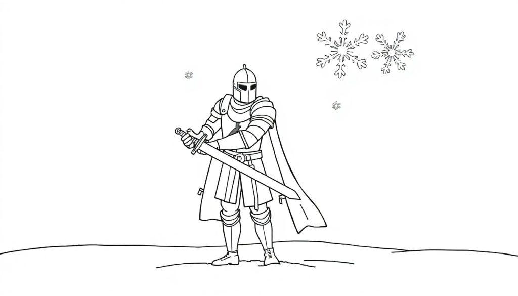 Schwarz-weiße Farbtafel-Illustration eines Ritters in einer verschneiten Umgebung mit einem Schwert.