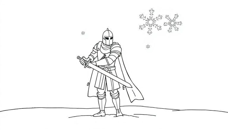 Schwarz-weiße Farbtafel-Illustration eines Ritters in einer verschneiten Umgebung mit einem Schwert.