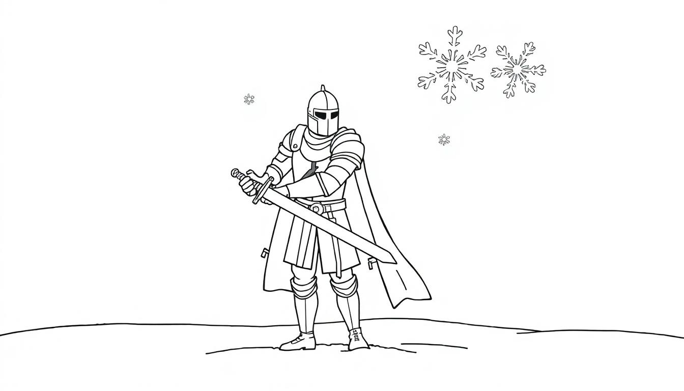 Schwarz-weiße Farbtafel-Illustration eines Ritters in einer verschneiten Umgebung mit einem Schwert.