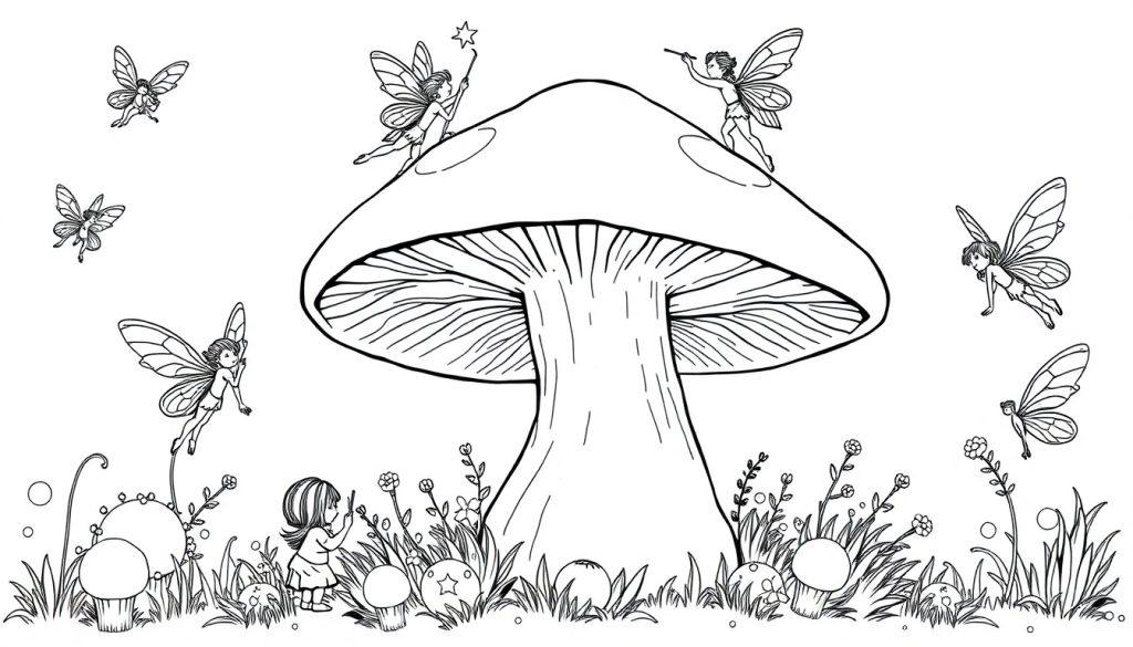 Schwarz-weiße Farbtafel einer Feenparty mit einem großen Pilz im Zentrum, Feen fliegen umher und ein kleines Mädchen betrachtet eine Blume.