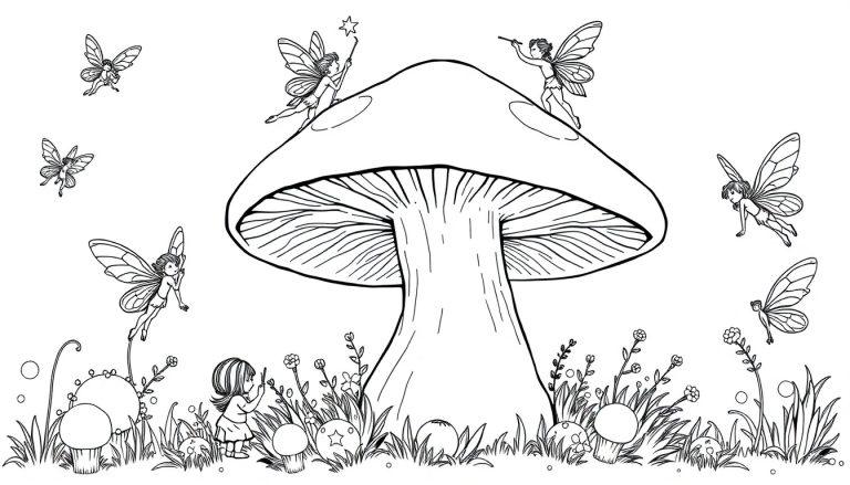 Schwarz-weiße Farbtafel einer Feenparty mit einem großen Pilz im Zentrum, Feen fliegen umher und ein kleines Mädchen betrachtet eine Blume.