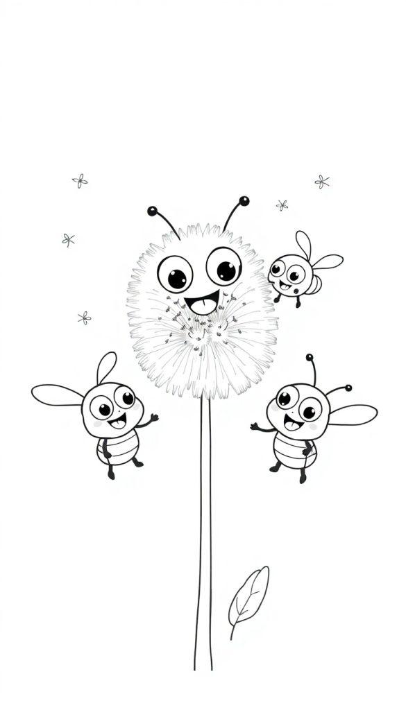 Eine lächelnde Pusteblume mit drei kleinen Insekten, die in der Nähe schweben.