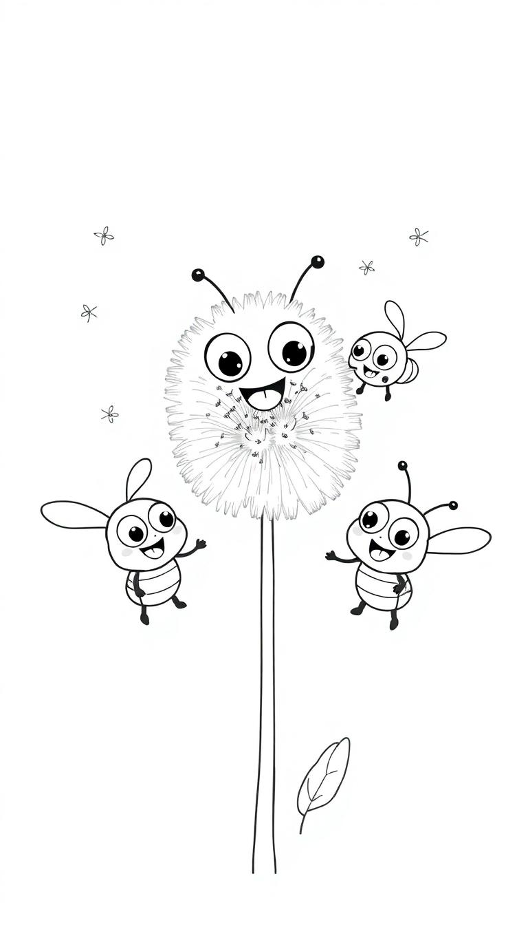 Eine lächelnde Pusteblume mit drei kleinen Insekten, die in der Nähe schweben.