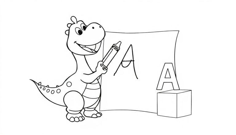 Schwarz-Weiß Farbtafel Malvorlage: Ein niedlicher Dinosaurier übt das Schreiben des Buchstabens 'A' mit einem Stift.