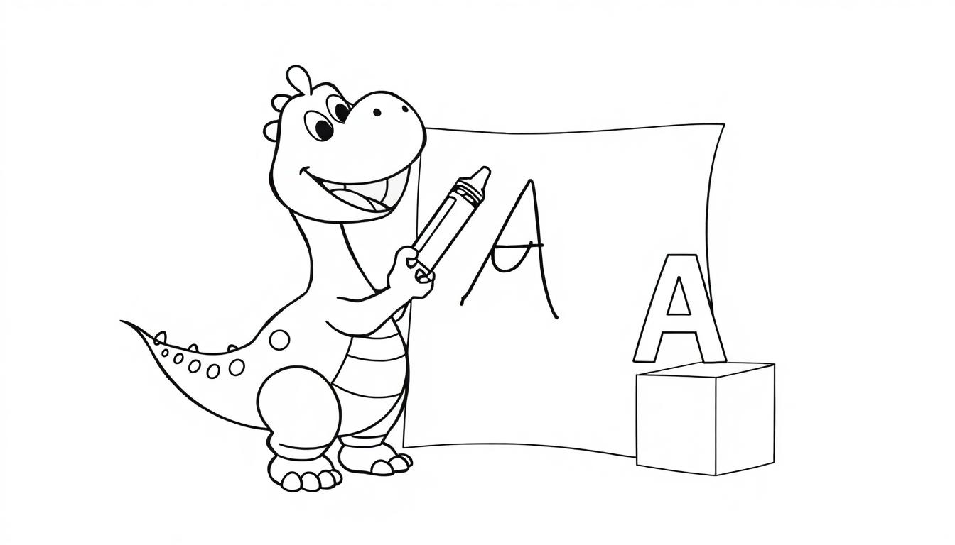 Schwarz-Weiß Farbtafel Malvorlage: Ein niedlicher Dinosaurier übt das Schreiben des Buchstabens 'A' mit einem Stift.