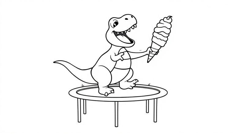 Cartoon Tyrannosaurus Rex auf einem Trampolin mit einer Eiswaffel