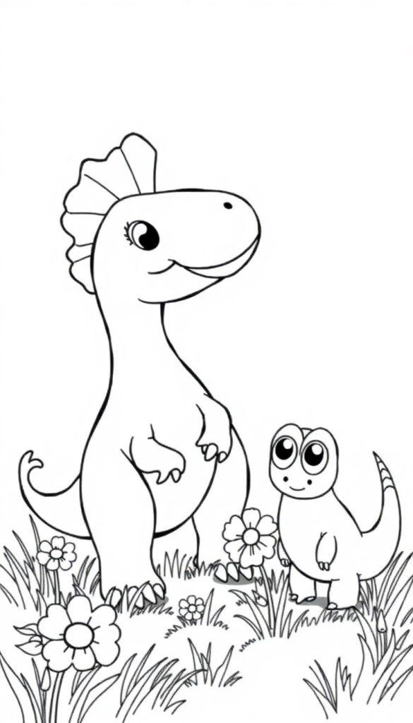 Zwei Cartoon-Dinosaurier, Mutter und Kind, auf einer Blumenwiese.