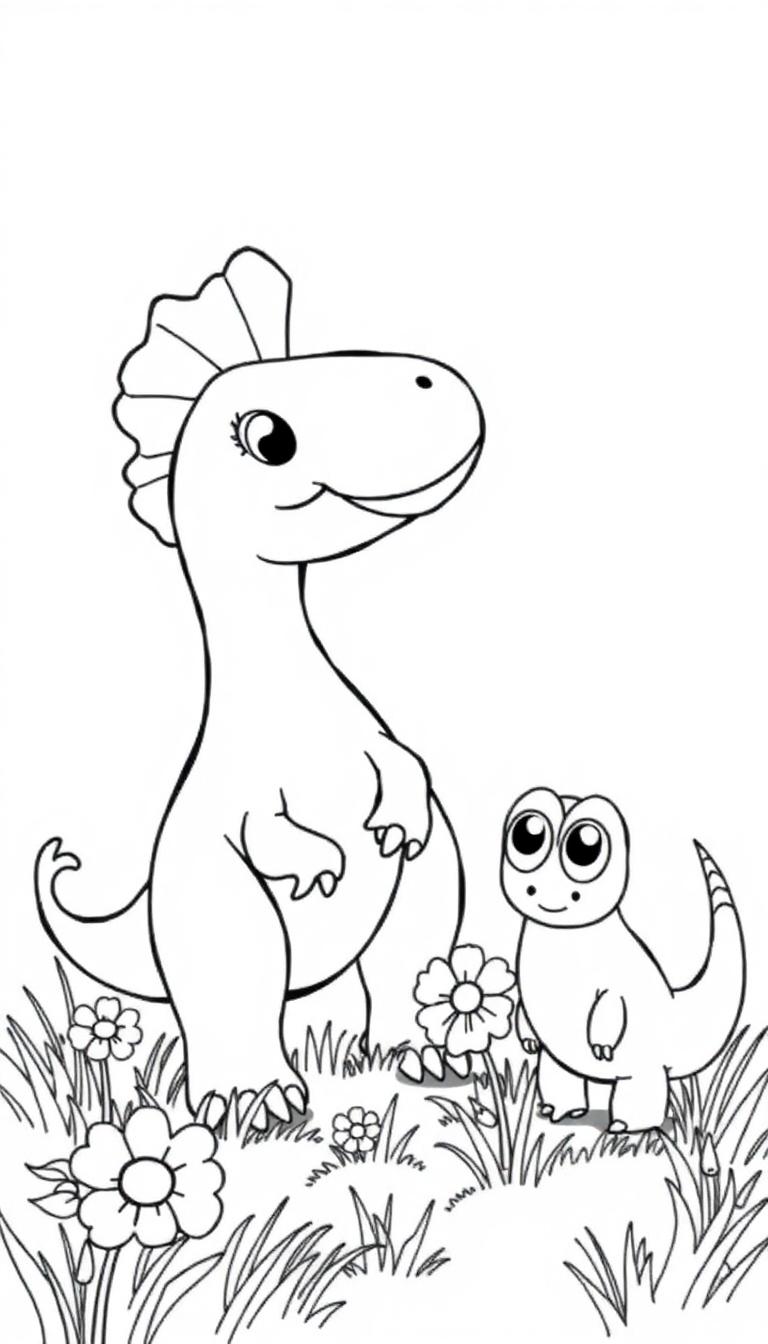 Zwei Cartoon-Dinosaurier, Mutter und Kind, auf einer Blumenwiese.