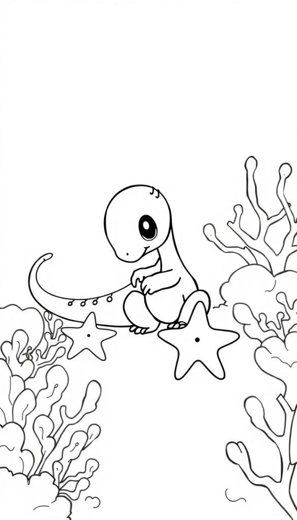 Ein süßer Cartoon-Dinosaurier spielt mit einer Schnur am Schwanz, während er auf Seesternen vor einem Korallenriff sitzt.
