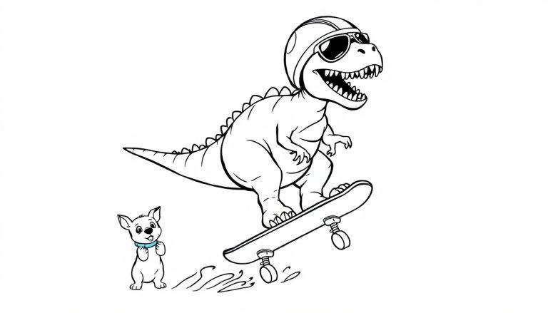 Ein animierter Dinosaurier auf einem Skateboard mit Sonnenbrille und ein Hund-ähnliches Wesen daneben.