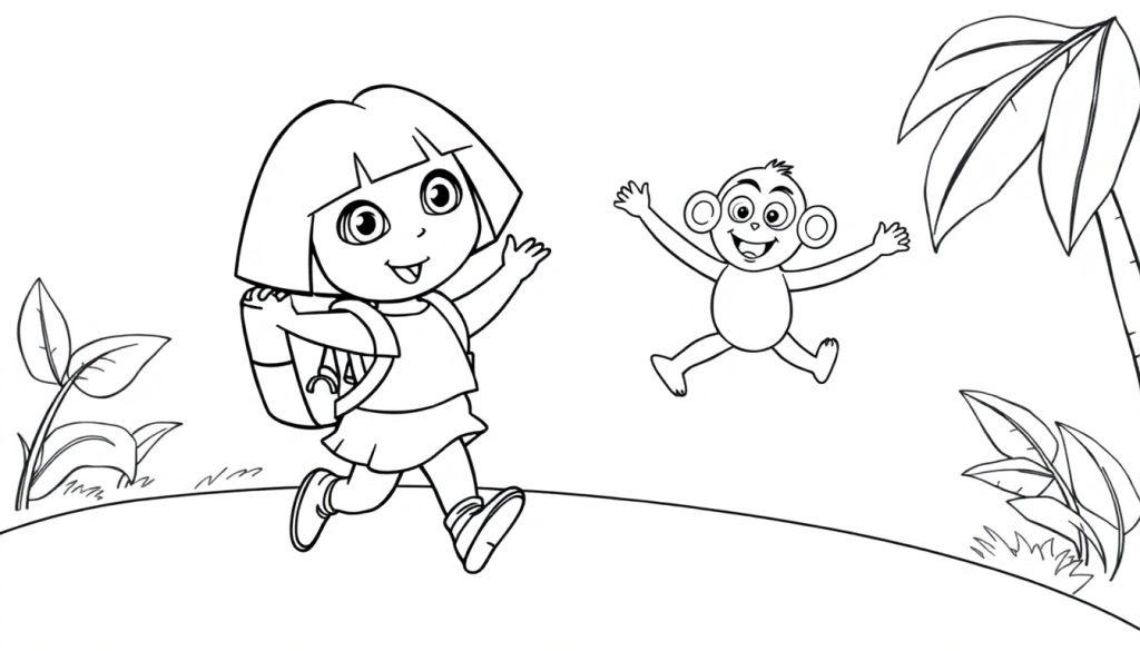 Dora die Entdeckerin und Boots rennen und springen in einer Farbtafel-Landschaft.