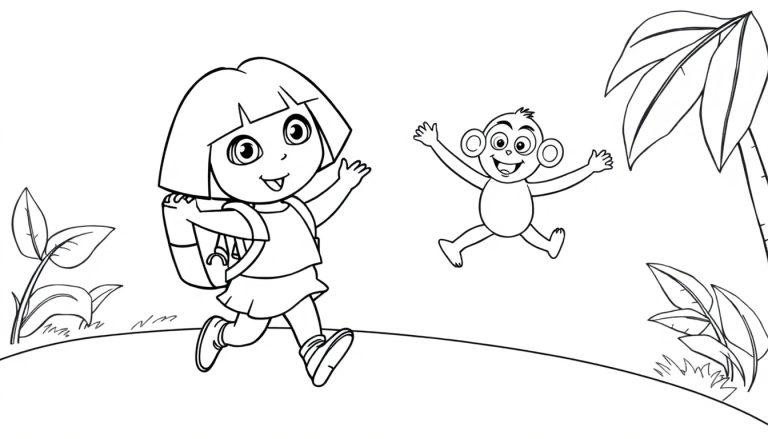 Dora die Entdeckerin und Boots rennen und springen in einer Farbtafel-Landschaft.