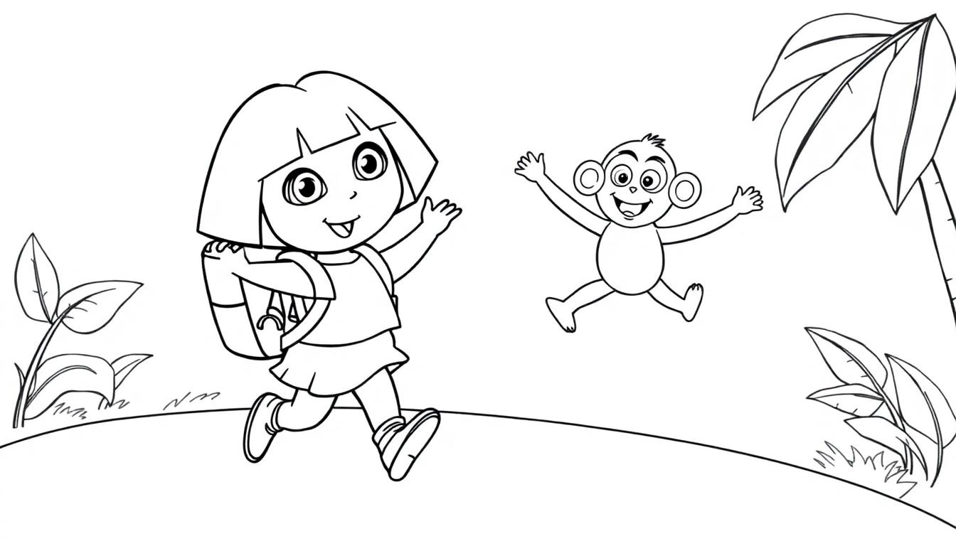Dora die Entdeckerin und Boots rennen und springen in einer Farbtafel-Landschaft.