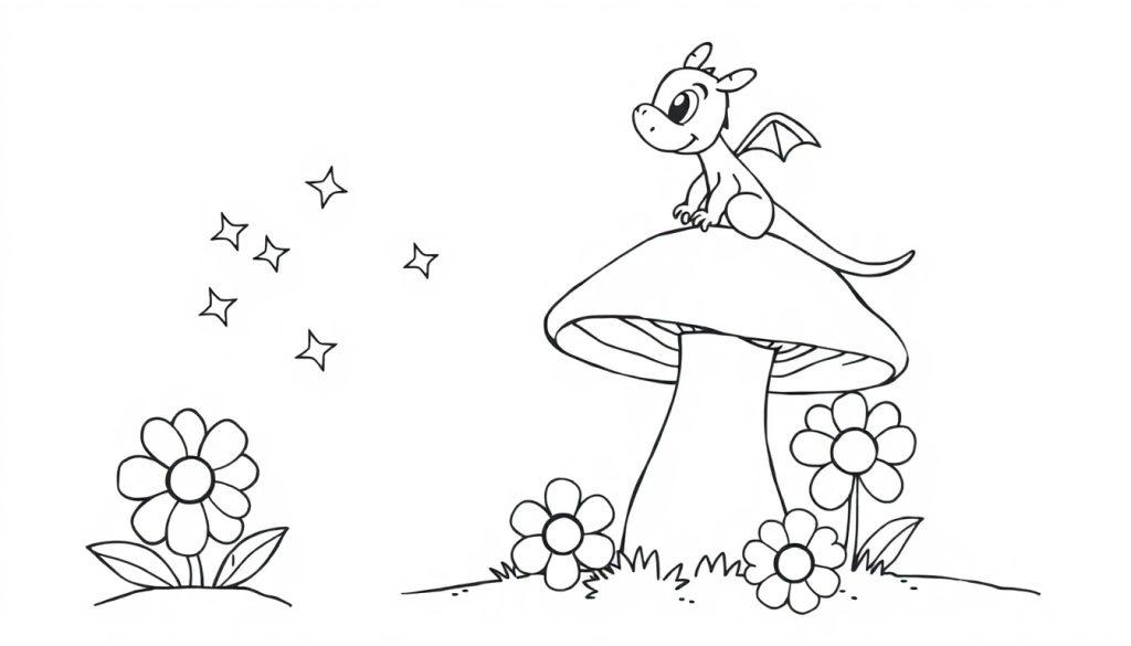 Eine Farbtafel-Zeichnung eines niedlichen Cartoon-Drachen mit kleinen Flügeln, der auf einem großen Pilz sitzt, umgeben von Gänseblümchen und Gras, mit Sternen darüber.