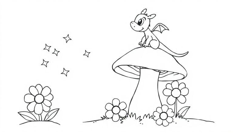 Eine Farbtafel-Zeichnung eines niedlichen Cartoon-Drachen mit kleinen Flügeln, der auf einem großen Pilz sitzt, umgeben von Gänseblümchen und Gras, mit Sternen darüber.
