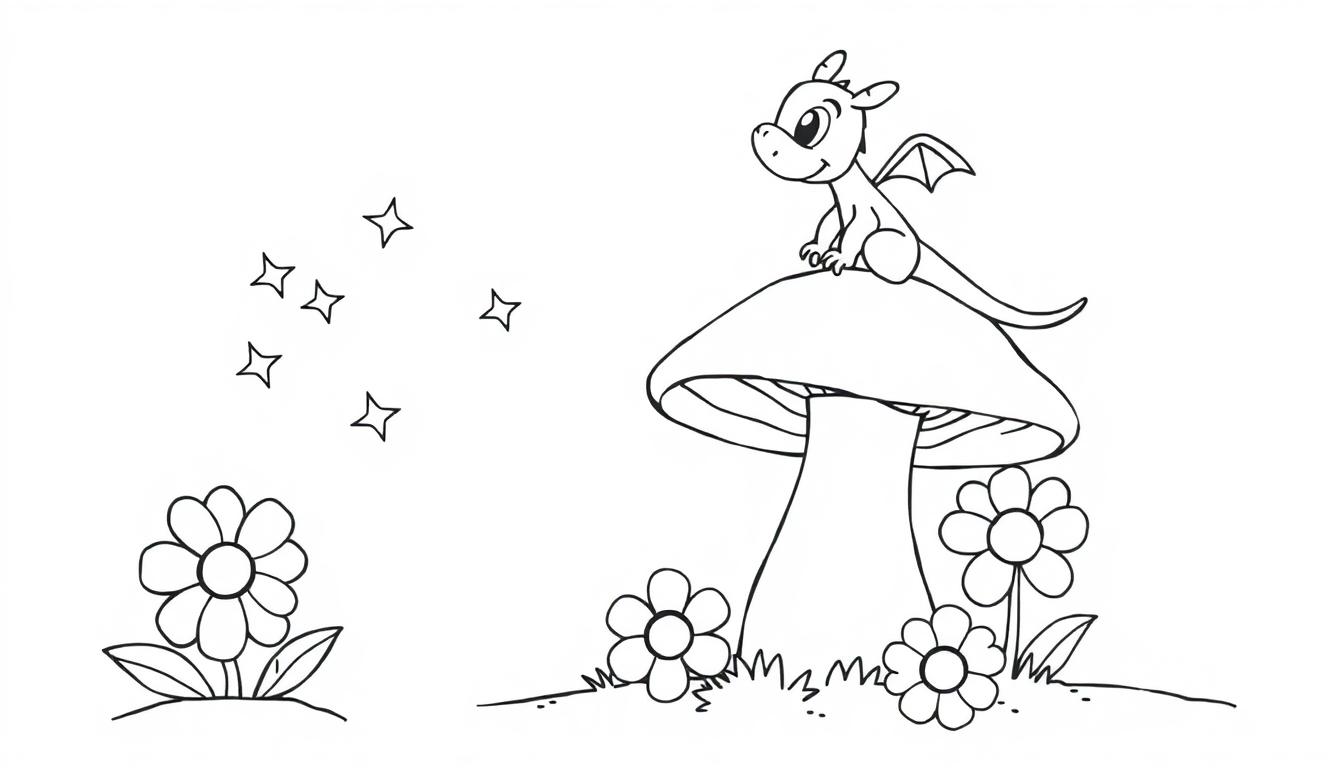 Eine Farbtafel-Zeichnung eines niedlichen Cartoon-Drachen mit kleinen Flügeln, der auf einem großen Pilz sitzt, umgeben von Gänseblümchen und Gras, mit Sternen darüber.