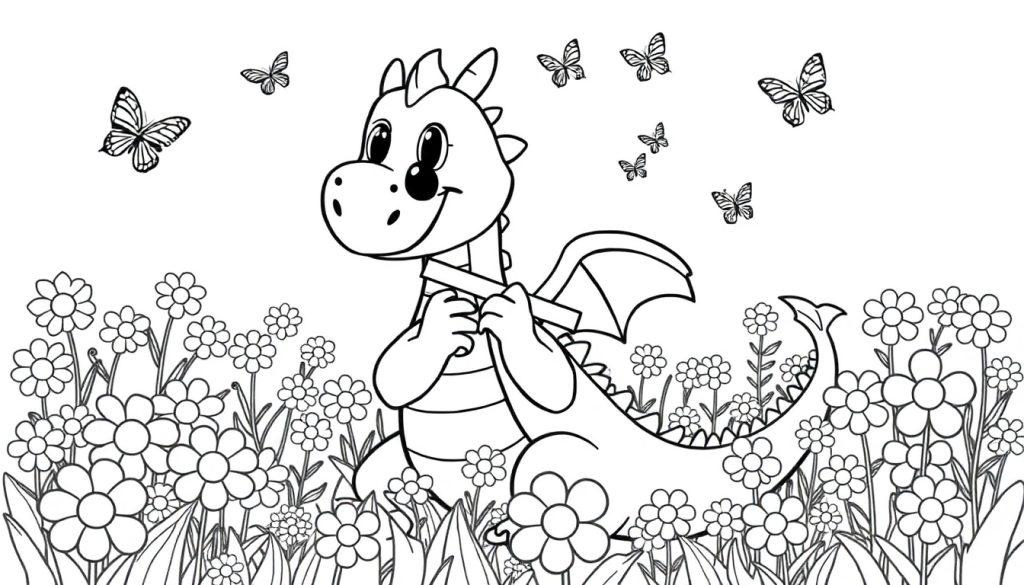 Ein niedlicher Cartoon-Drache sitzt in einem Blumenfeld mit Schmetterlingen, eine Schwarz-Weiß-Farbtafel zum Ausmalen.